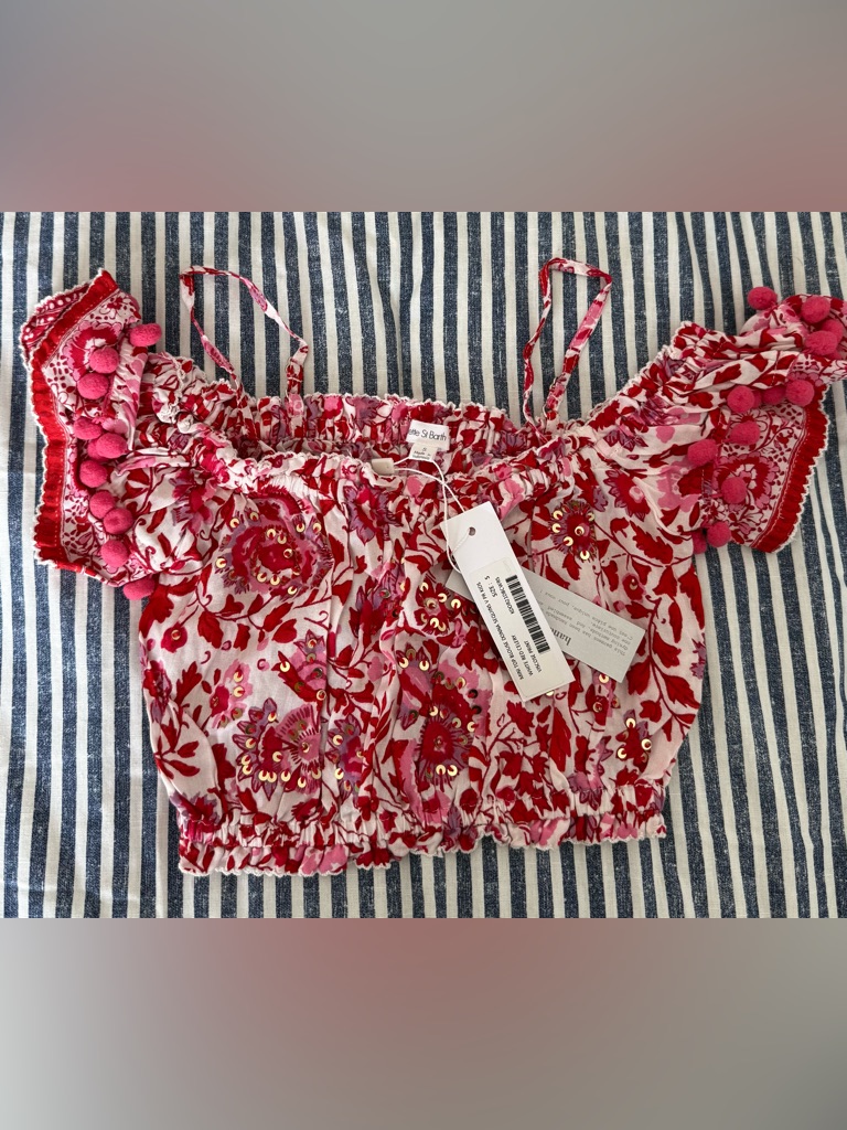 Poupette St. Barth Red Celery Donna Sequin Blouse With Pom Trim